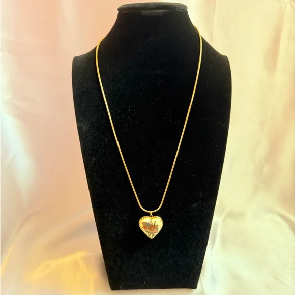 Cloisonné Heart Locket Necklace on 20” Gold Tone Snake Chain - Picture 3 of 4